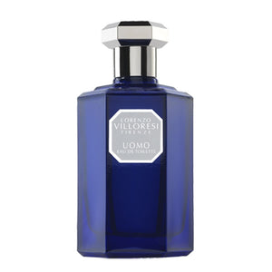 Lorenzo Villoresi Uomo Eau de Toilette in deep blue faceted bottle with silver hexagonal cap on white background