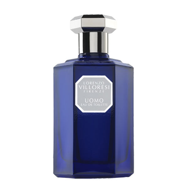 Lorenzo Villoresi Uomo Eau de Toilette in deep blue faceted bottle with silver hexagonal cap on white background