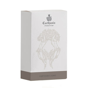 Carthusia - Uomo Verpackung mit elegantem weißem Design und dezentem grauen Akzent für maskuline Raffinesse