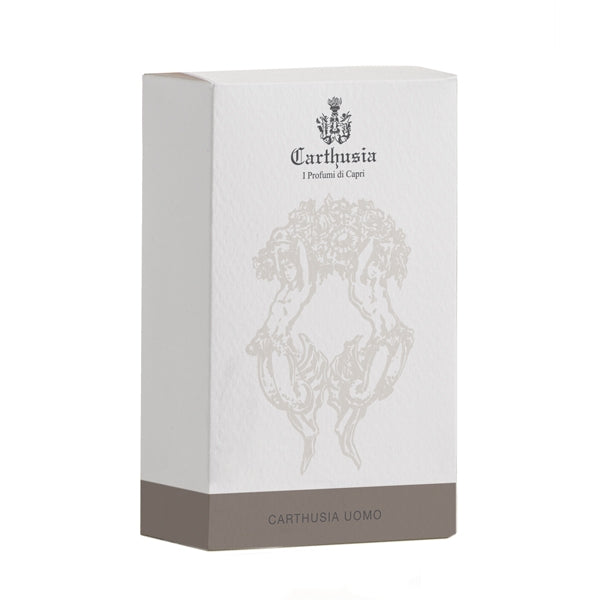 Carthusia - Uomo Verpackung mit elegantem weißem Design und dezentem grauen Akzent für maskuline Raffinesse