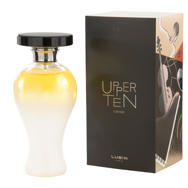 Lubin - Upper Ten for Her Flakon mit Farbverlauf von Gold zu Weiß und schwarzem Deckel neben schwarzer Verpackung