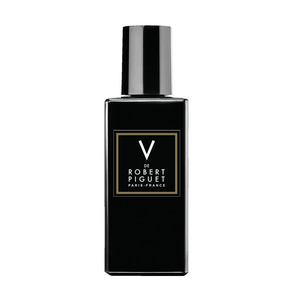 Piguet - V (ehemals Visa) Parfumflakon in schwarzem, elegantem Design vor weißem Hintergrund