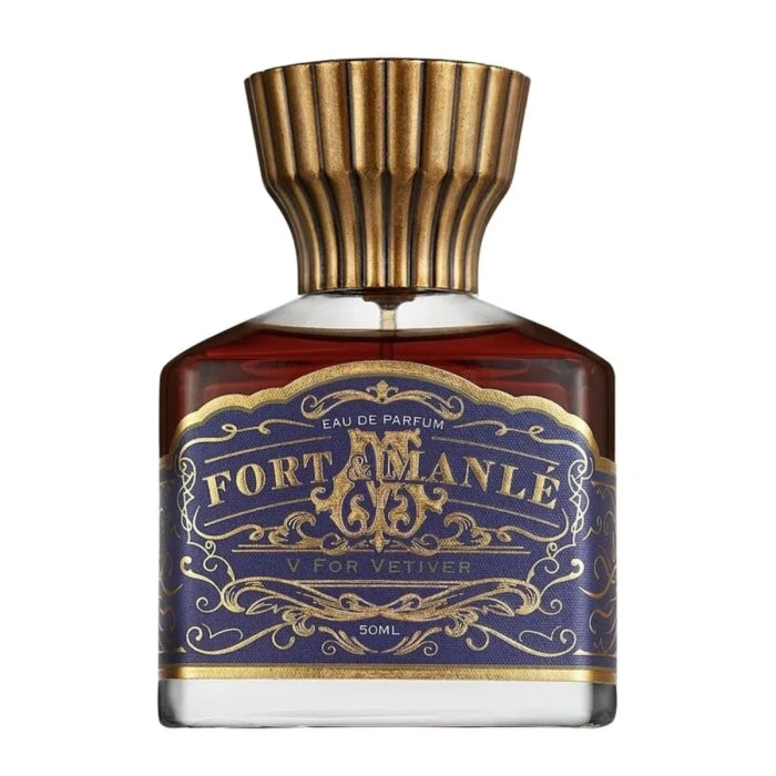 Fort & Manlé - V for Vetiver eleganter Duftflakon mit goldfarbenem Verschluss und dunkelviolettem Etikett