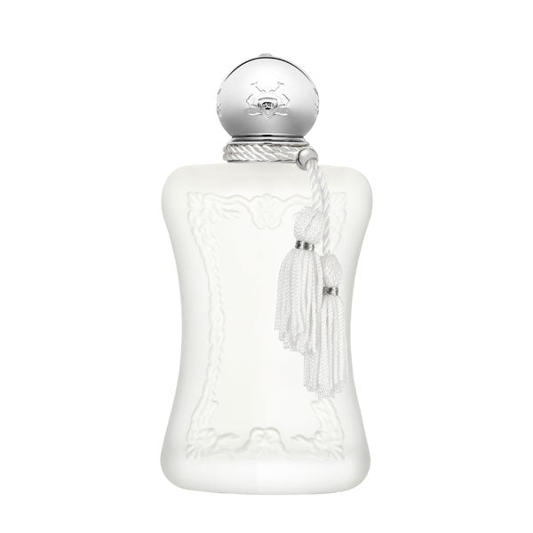 Parfums de Marly - Valaya eleganter weißer Flakon mit silbernem Verschluss und dekorativer Quaste vor weißem Hintergrund