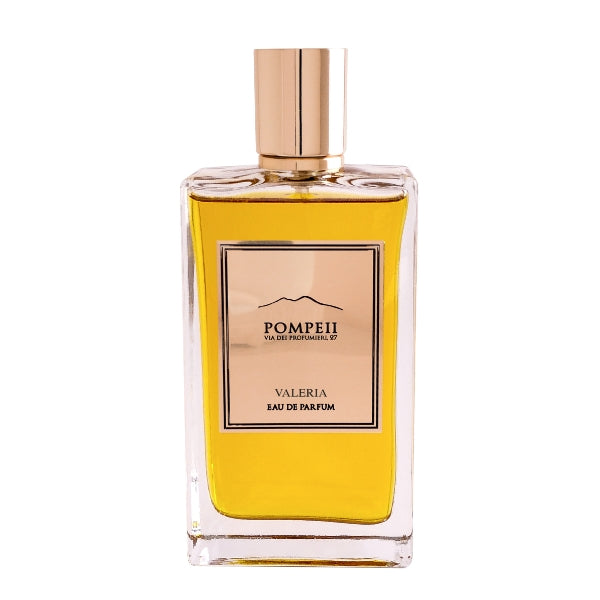 Pompeii - Valeria Parfumflakon mit klarem rechteckigem Glas und goldenem Verschluss vor weißem Hintergrund