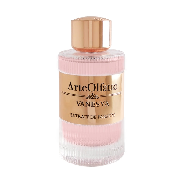ArteOlfatto - Vanesya Parfumflakon mit rosa Details und goldenem Label vor weißem Hintergrund
