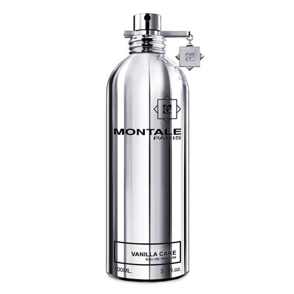 Montale - Vanilla Cake Parfumflakon in silberner Metalloptik mit minimalistischer Schrift vor weißem Hintergrund