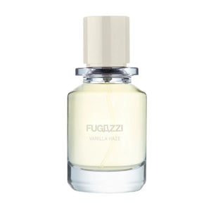 Fugazzi - Vanilla Haze Parfümflakon mit cremig weißem Inhalt und schlichtem beigefarbenem Verschluss vor weißem Hintergrund