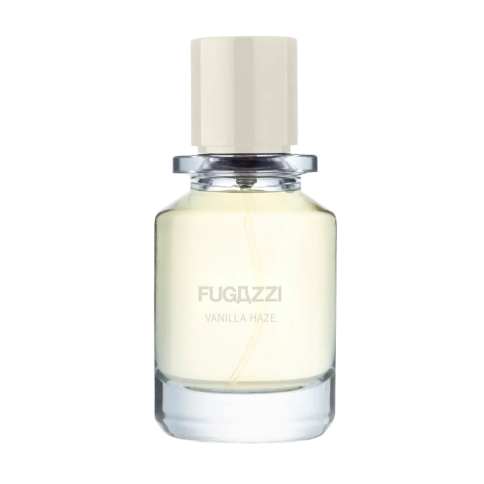 Fugazzi - Vanilla Haze Parfümflakon mit cremig weißem Inhalt und schlichtem beigefarbenem Verschluss vor weißem Hintergrund