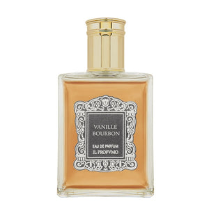 Il Profumo - Vanille Bourbon Parfumflakon mit bernsteinfarbener Flüssigkeit und elegantem goldfarbenem Verschluss vor weißem Hintergrund