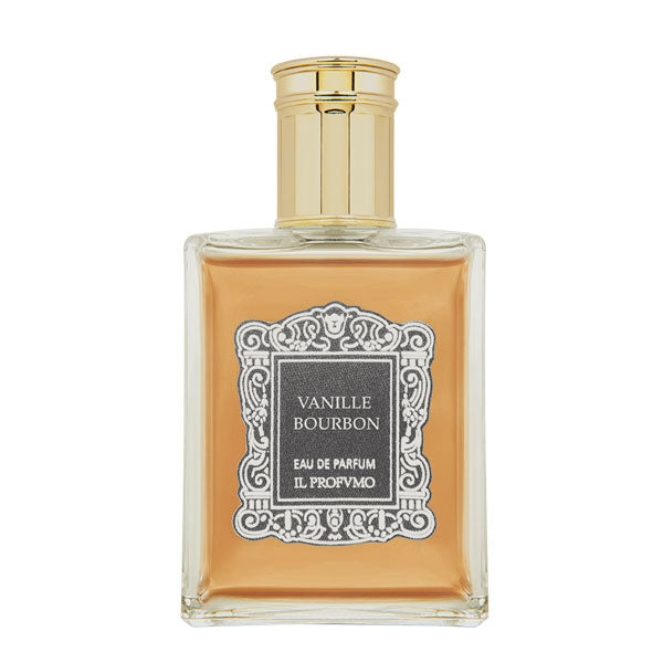 Il Profumo - Vanille Bourbon Parfumflakon mit bernsteinfarbener Flüssigkeit und elegantem goldfarbenem Verschluss vor weißem Hintergrund