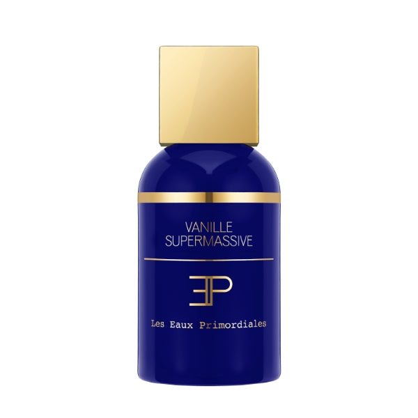 Les Eaux Primordiales - Vanille Supermassive blauer Flakon mit goldfarbenem Verschluss und minimalistischer Beschriftung