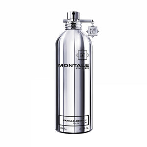 Montale Vanille Absolu Eau de Parfum in tall reflective silver bottle with logo and hanging charm on white background
