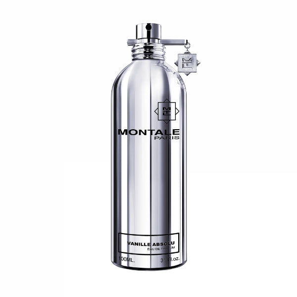 Montale Vanille Absolu Eau de Parfum in tall reflective silver bottle with logo and hanging charm on white background