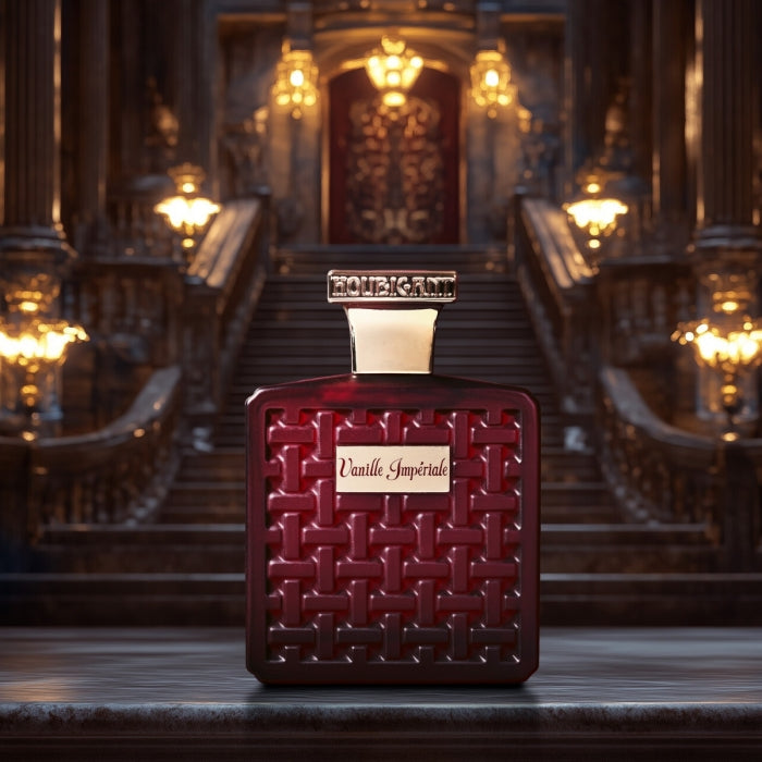 Houbigant - Collection les Ambres - Vanille Impériale Parfumflakon in elegantem tiefroten Design vor opulentem Treppenhaus