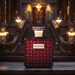 Houbigant - Collection les Ambres - Vanille Impériale Parfumflakon in elegantem tiefroten Design vor opulentem Treppenhaus