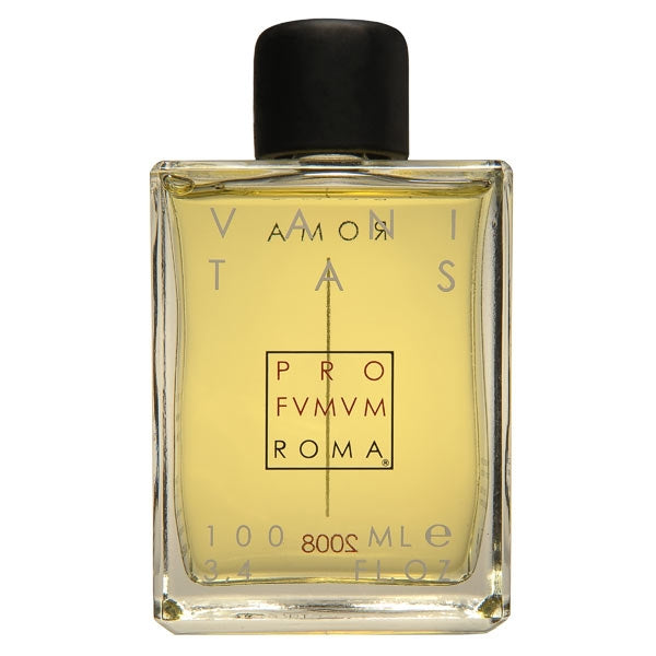 Profumum Roma - Vanitas Parfum in rechteckiger Flasche mit bernsteinfarbener Flüssigkeit und schwarzem Verschluss vor weißem Hintergrund