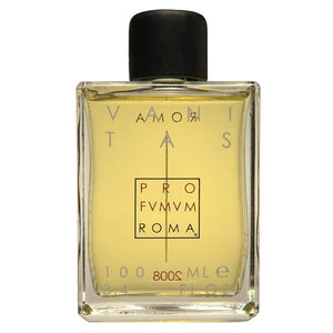 Profumum Roma - Vanitas Parfum in rechteckiger Flasche mit bernsteinfarbener Flüssigkeit und schwarzem Verschluss vor weißem Hintergrund