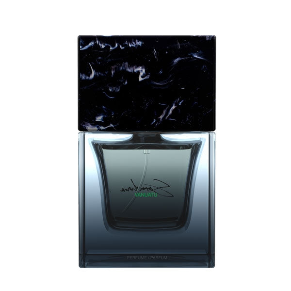 Sora Dora - Vanuatu Parfumflakon mit transparentem Glas und schwarzem, marmoriertem Deckel in klarer Formgebung