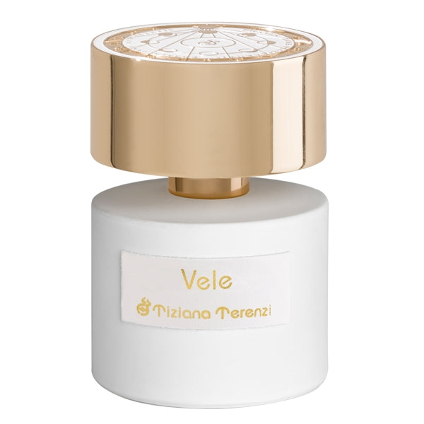 Tiziana Terenzi - Luna Collection - Vele Parfumflakon mit weißem Flakon und goldenem Deckel auf weißem Hintergrund
