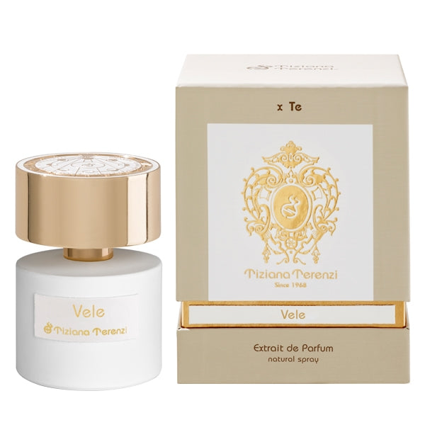 Tiziana Terenzi - Luna Collection - Vele weißer Flakon mit goldenem Deckel und edler Verpackung vor hellem Hintergrund