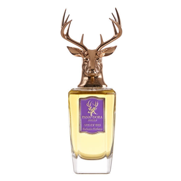 Pana Dora Sweden - Velvet Iris Parfumflakon mit Hirschkopfverschluss und goldgelber Flüssigkeit vor weißem Hintergrund