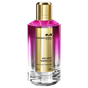 Mancera - Velvet Vanilla Parfumflakon mit pinkfarbenem Duft und goldenem Etikett vor weißem Hintergrund