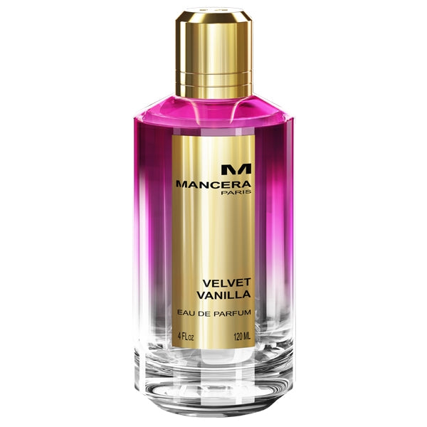 Mancera - Velvet Vanilla Parfumflakon mit pinkfarbenem Duft und goldenem Etikett vor weißem Hintergrund