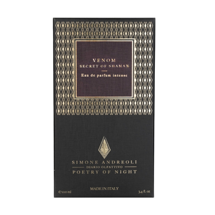 Simone Andreoli - Venom - Secret of Shaman Parfumverpackung mit elegantem schwarzem Design und goldener Schrift