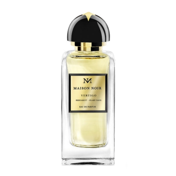 Maison Noir - Vertigo 236 Parfumflakon mit klarem Glas und schwarzem Verschluss mit goldfarbenem Akzent vor weißem Hintergrund