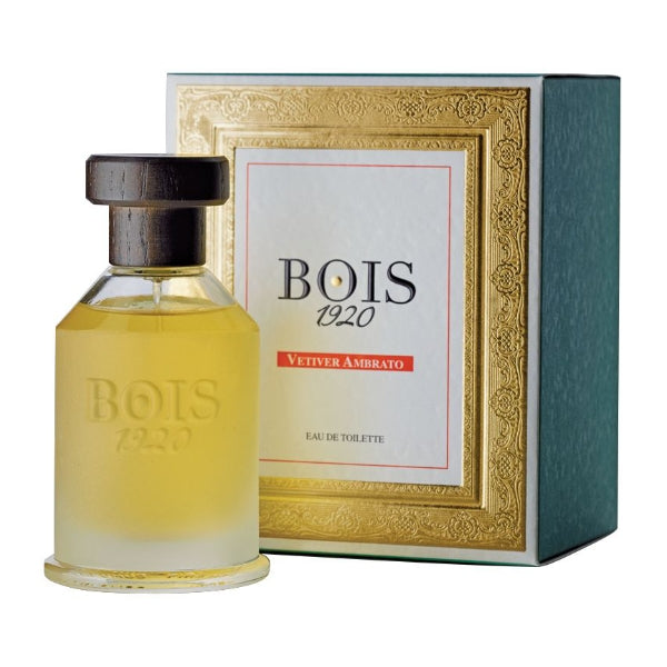 Bois 1920 - Vetiver Ambrato Eau de Toilette mit gelblicher Flüssigkeit und Holzverschluss vor edler goldener Verpackung
