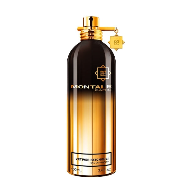 Montale - Vetiver Patchouli Flakon mit goldbraunem Farbverlauf und goldenem Verschluss vor weißem Hintergrund