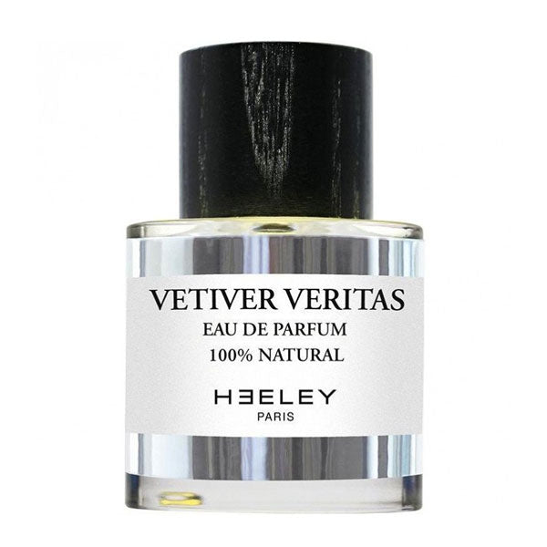 Heeley - Vetiver Veritas Parfumflakon mit klarem Glas und elegantem schwarzem Holzdeckel minimalistisch gestaltet