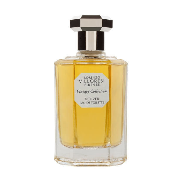 Lorenzo Villoresi - Vintage Collection - Vetiver Parfumflakon mit klar facettiertem Glas und schwarz-weißem Deckel elegant gestaltet