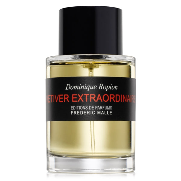 Frédéric Malle - Vétiver Extraordinaire Parfumflakon mit schwarzem Verschluss und dunkelrotem Etikett vor weißem Hintergrund