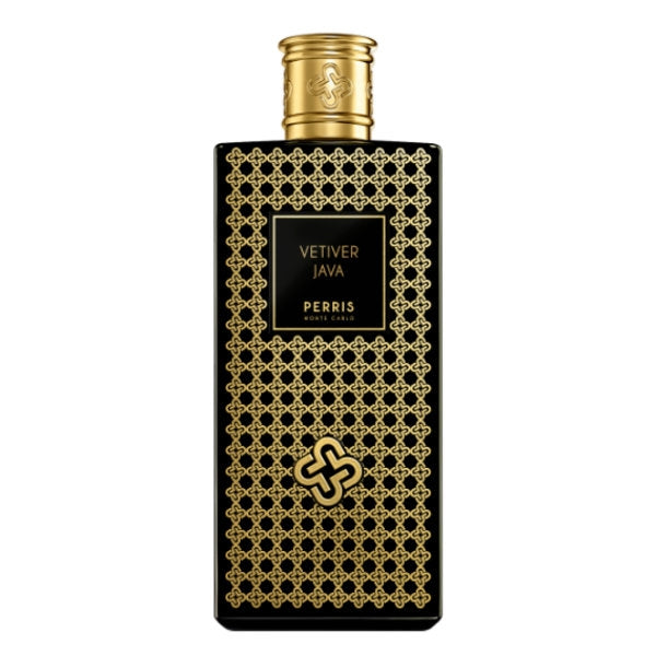 Perris Monte Carlo - Vetiver Java eleganter schwarzer Flakon mit goldenem Ornamentmuster und edlem Verschluss vor weißem Hintergrund