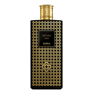 Perris Monte Carlo - Vetiver Java eleganter schwarzer Flakon mit goldenem Ornamentmuster und edlem Verschluss vor weißem Hintergrund