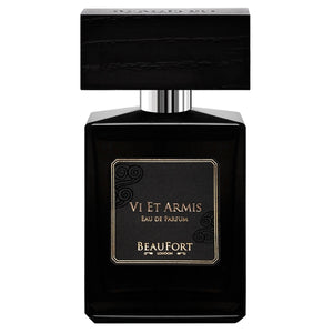BeauFort London - Vi et Armis edler schwarzer Flakon mit rechteckigem Design und verziertem Etikett vor weißem Hintergrund