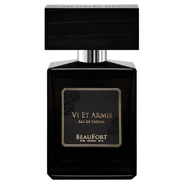 BeauFort London - Vi et Armis edler schwarzer Flakon mit rechteckigem Design und verziertem Etikett vor weißem Hintergrund