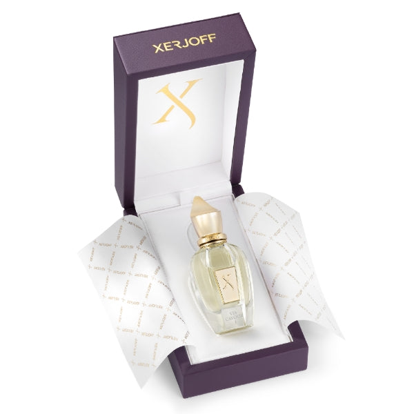 Xerjoff - Spotlight Collection - Via Cavour 1 zeigt elegant verpackten Flakon in edler violetter Box mit goldener Prägung