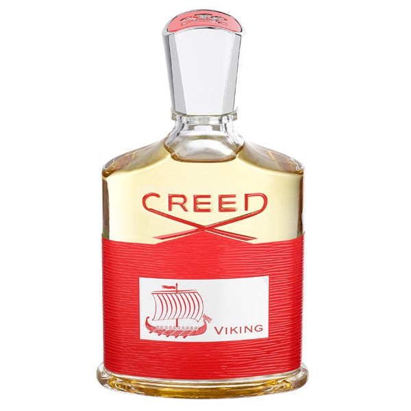 Creed - Viking Parfumflakon mit rundem Glas, rotem Label und silbernem Verschluss vor weißem Hintergrund