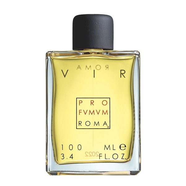 Profumum Roma - Vir Flakon mit goldgelbem Parfum und schlichter schwarzer Kappe in klarer rechteckiger Form