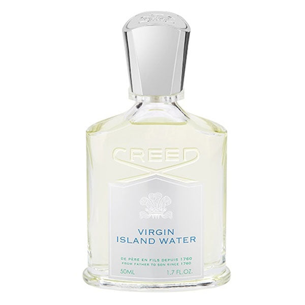 Creed - Virgin Island Water klarer Flakon mit silbernem Verschluss und blauem Etikett vor weißem Hintergrund