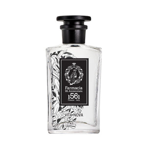 Farmacia SS. Annunziata - Vita Nova Parfumflakon mit floralen Schwarz-Weiß-Details und schwarzem Verschluss vor weißem Hintergrund