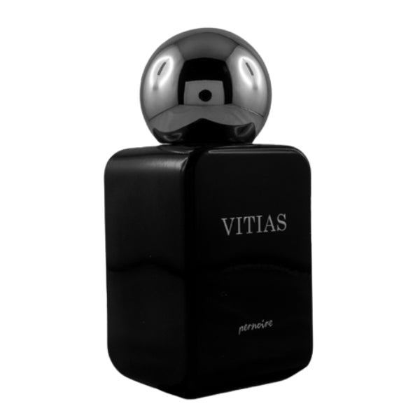 Pernoire - Vitias Parfumflakon in schwarzem, glänzendem Design mit silberner Kugelkappe und schlichtem Schriftzug