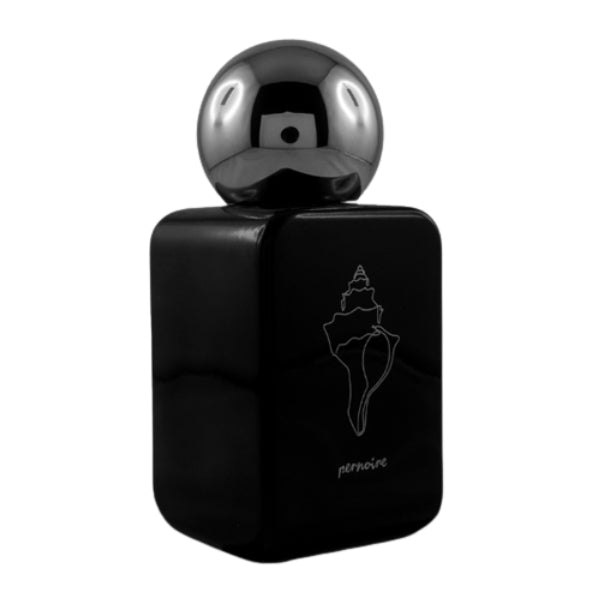 Pernoire - Vitias Parfumflakon in schwarzem, glänzendem Design mit rundem, silbernem Verschluss und Muschelzeichnung auf der Vorderseite