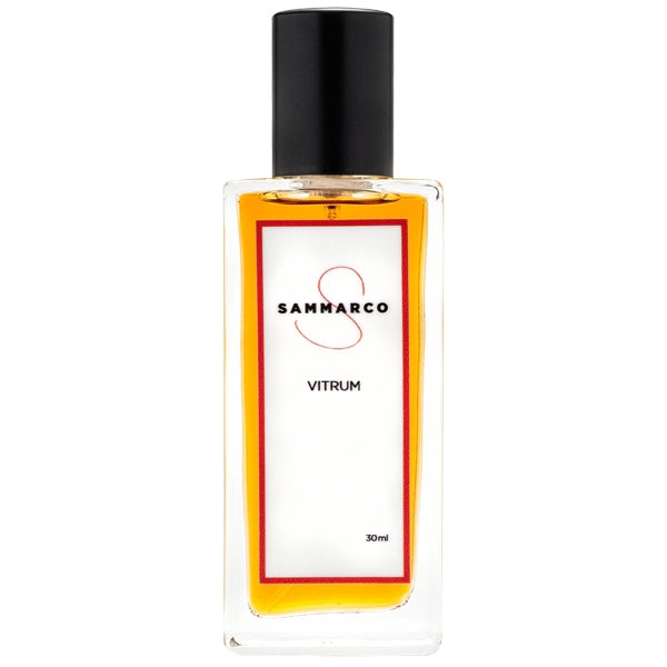 Sammarco - Vitrum rechteckiger Flakon mit schwarzem Verschluss und orangefarbenem Parfum vor weißem Hintergrund