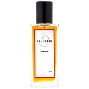Sammarco - Vitrum rechteckiger Flakon mit schwarzem Verschluss und orangefarbenem Parfum vor weißem Hintergrund