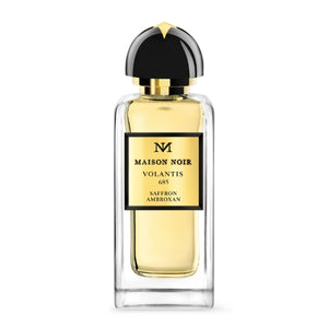 Maison Noir - Volantis 685 zeigt eleganten Flakon mit goldgelber Flüssigkeit und schwarzem, goldverziertem Verschluss vor weißem Hintergrund