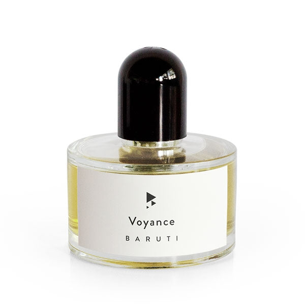 Baruti - Voyance - Eau de Parfum Flakon mit rundem klaren Glas und schwarzem gewölbtem Verschluss vor weißem Hintergrund